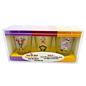 Vtg '03 Shot Glasses Set Funny Retirement Aging Gift Hear Speak See No More NIB